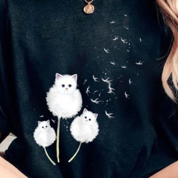 Cat Dandelion Flower E White Cat Lover Fan Graphic T-Shirt 170 - Picture 2 of 5